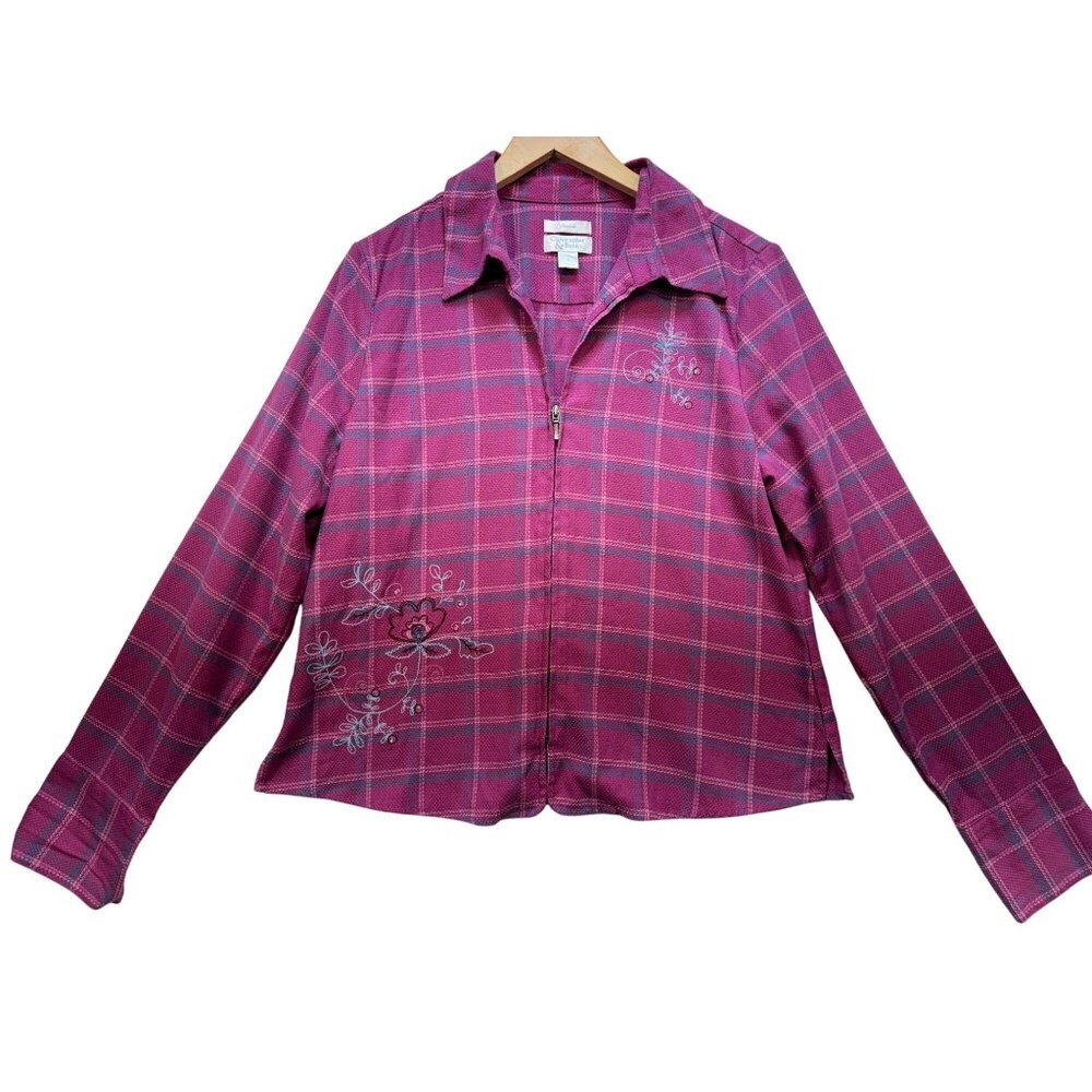 Christopher & Banks Womens Zip Up Shirt Jacket Size L Pink Plaid